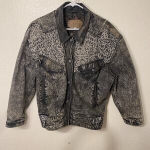 Vintage‎ 1980's Acid Wash Leopard Print & Leather Denim Bomber Jacket Size Small